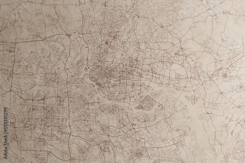 Map of Guangzhou  China  on an old vintage sheet of paper. Retro style grunge paper with light coming from right. 3d render