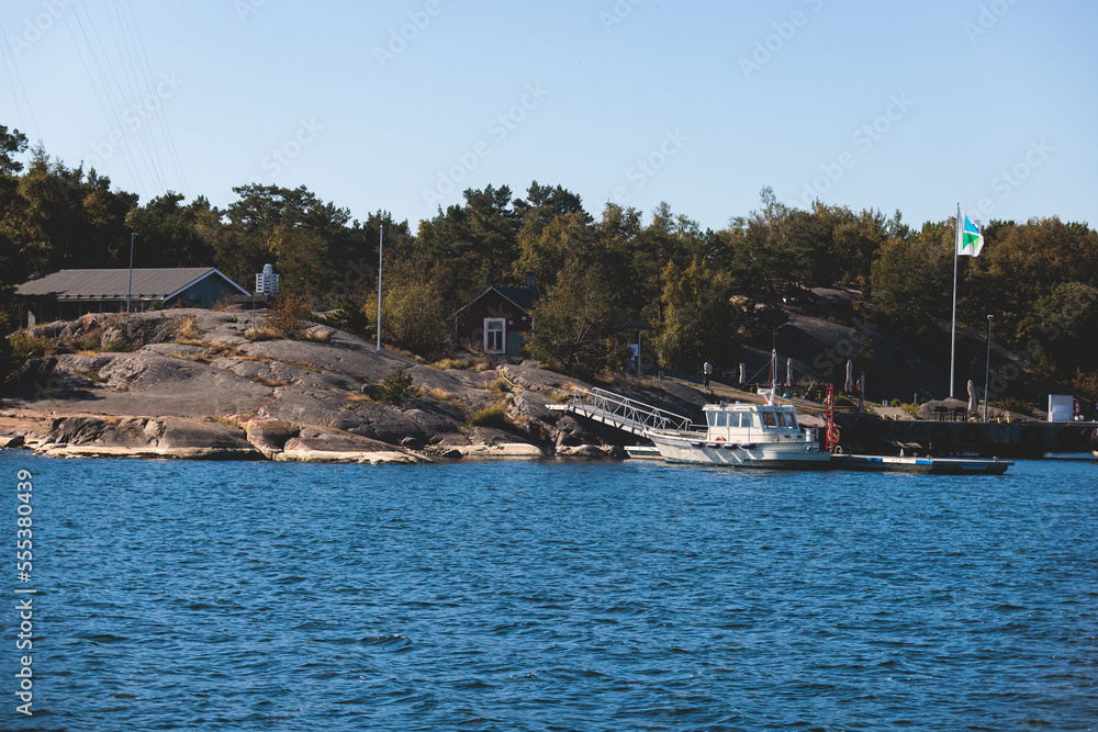 Archipelago National Park landscape, Southwest Finland, with islands, islets and skerries, Saaristomeren kansallispuisto, summer sunny day, view from shuttle ship ferry boat in the Archipelago Sea