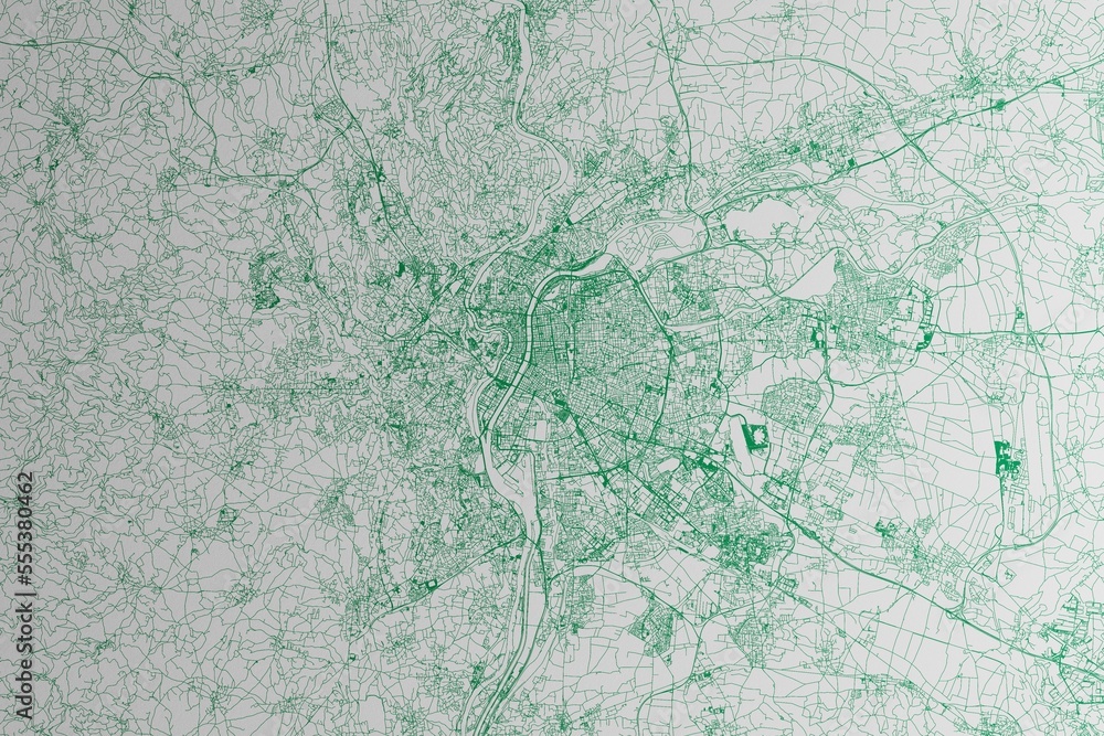 Map of the streets of Lyon (France) made with green lines on white paper. 3d render, illustration