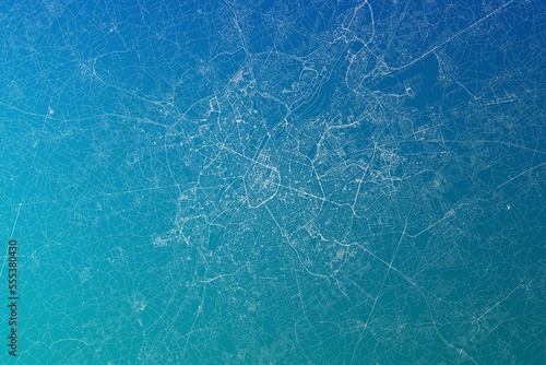 Map of the streets of Brussels (Belgium) made with white lines on greenish blue gradient background. 3d render, illustration