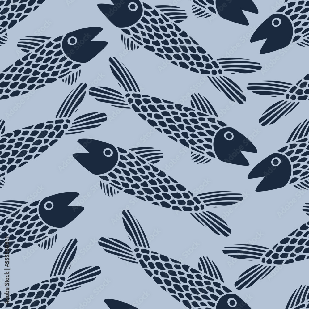 Cute and funny hand drawn vector seamless pattern with fish in linocut design