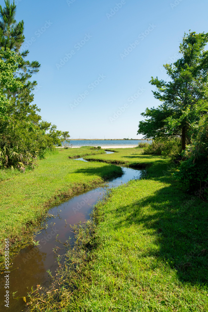 Winding watercourse channel in the middle of green plants at Destin, Florida Winding watercourse channel in the middle of green plants at Destin, Florida