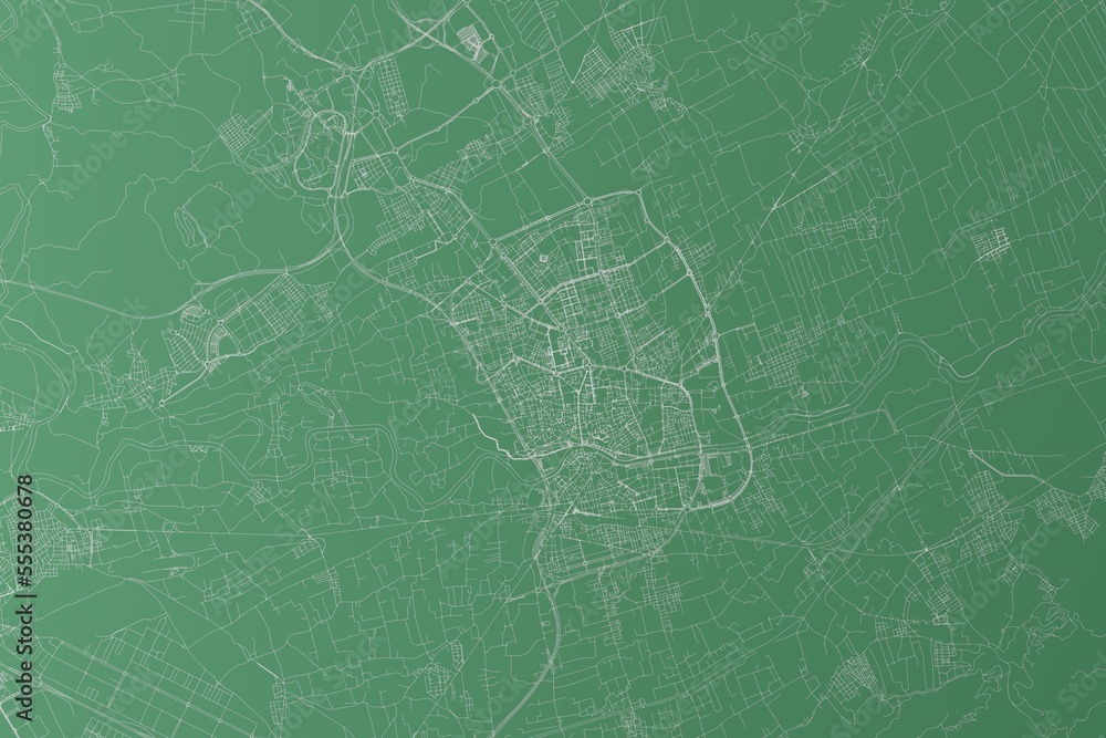 Stylized map of the streets of Murcia (Spain) made with white lines on green background. Top view. 3d render, illustration