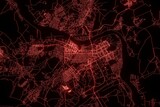Street map of Kemerovo (Russia) made with red illumination and glow effect. Top view on roads network. 3d render, illustration