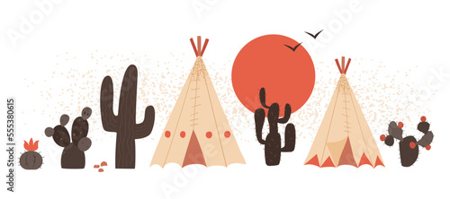Scenery with Wild West desert with cactuses and Wigwams, hand drawn vector illustration in flat design