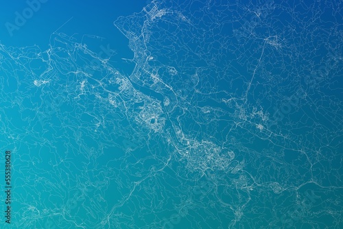 Map of the streets of Bilbao (Spain) made with white lines on greenish blue gradient background. 3d render, illustration