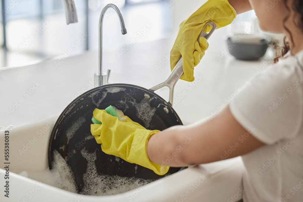 Cleaning pan, washing and hygiene hands with soap and water in the