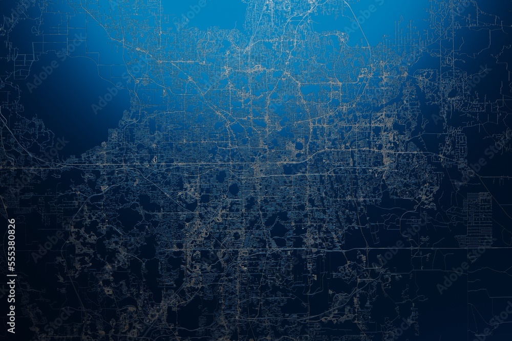 Street map of Orlando (Florida, USA) engraved on blue metal background. View with light coming from top. 3d render, illustration Street map of Orlando (Florida, USA) engraved on blue metal background. View with light coming from top. 3d render, illustration