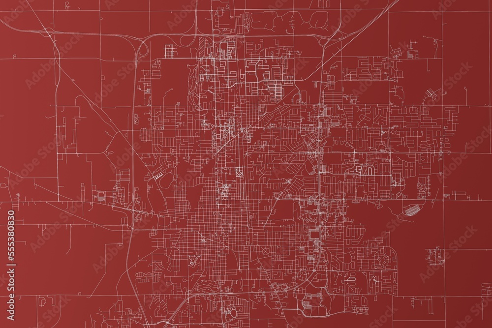 Map of the streets of Bloomington (Illinois, USA) made with white lines on red background. Top view. 3d render, illustration