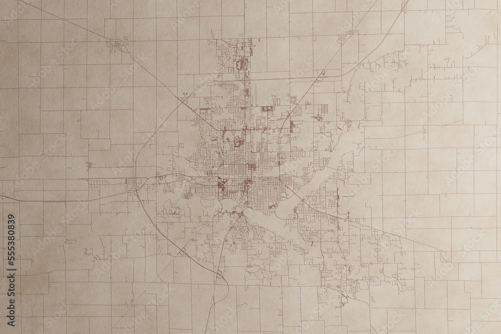 Map of Decatur (Illinois, USA) on an old vintage sheet of paper. Retro style grunge paper with light coming from right. 3d render