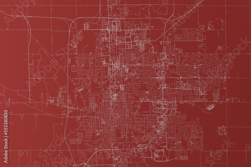 Map of the streets of Bloomington (Illinois, USA) made with white lines on red background. Top view. 3d render, illustration