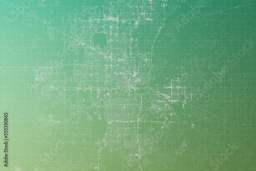 Map of the streets of Oklahoma City (Oklahoma, USA) made with white lines on yellowish green gradient background. Top view. 3d render, illustration