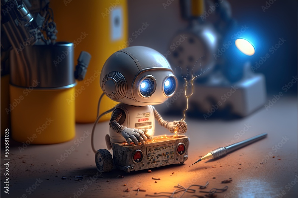 high resolution picture,  Cute tiny toy robot doing everday tasks, amazing 3D graphic, . AI Generative