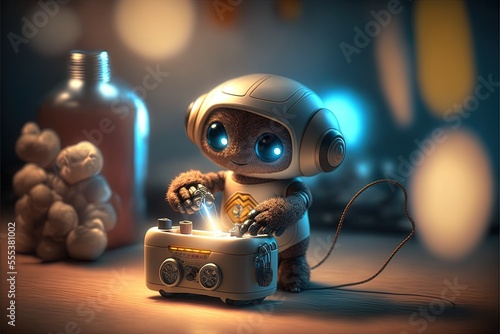 Tablou canvas high resolution picture,  Cute tiny toy robot doing everday tasks, amazing 3D graphic,