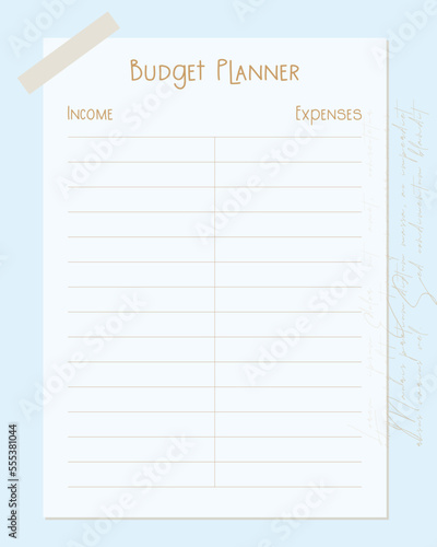Budget planner template blue page design collage scrapbooking vintage style, income and expenses.