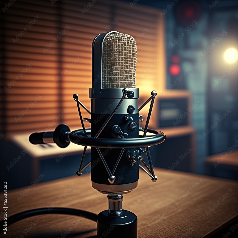 Vintage microphone in very old music recording studio, film scene, vinyl  cover, Podcast production. AI Generative Stock Illustration | Adobe Stock