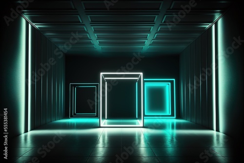 Abstract light tunnel, corridor with neon light. Hi-tech sci-fi passageway. Metallic light reflection. AI