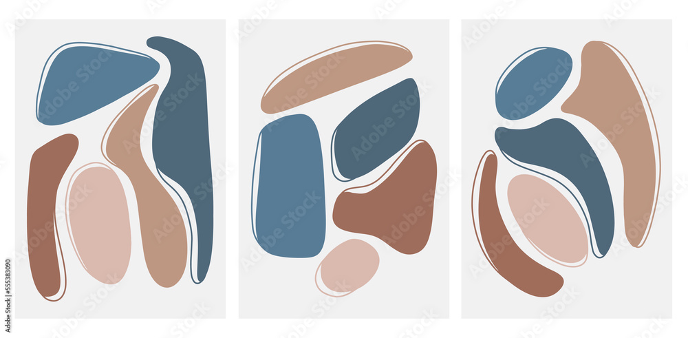 Set of 3 vector abstract pictures with figures. wall art decor. Boho minimalistic scandinavian art in blue, pink, brown, terracotta pastel colors. Modern interior design, bedroom print. Circles lines