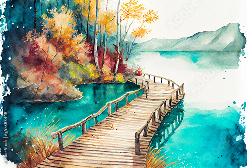 Watercolor drawing of Beautiful view of lake with Wooden boardwalk bridge, Autumn, National park Plitvice Lakes, Croatia, Generative AI illustration © andreusK