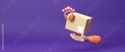 Accepting a delivery of boxes from deliveryman, satisfaction evaluation and postal service concept, five stars for products of delivery package, Good seller review. copy space. 3d render illustration photo