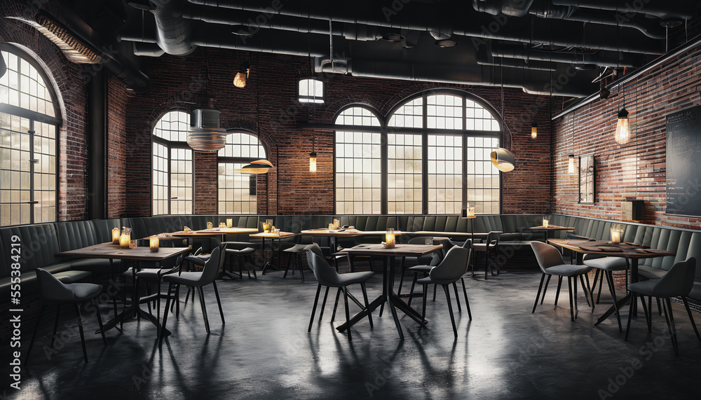 Restaurant located in a loft space. The high ceilings and industrial-style architecture give the space a modern, trendy vibe. The restaurant is filled with tables and chairs Restaurant located in a loft space. The high ceilings and industrial-style architecture give the space a modern, trendy vibe. The restaurant is filled with tables and chairs