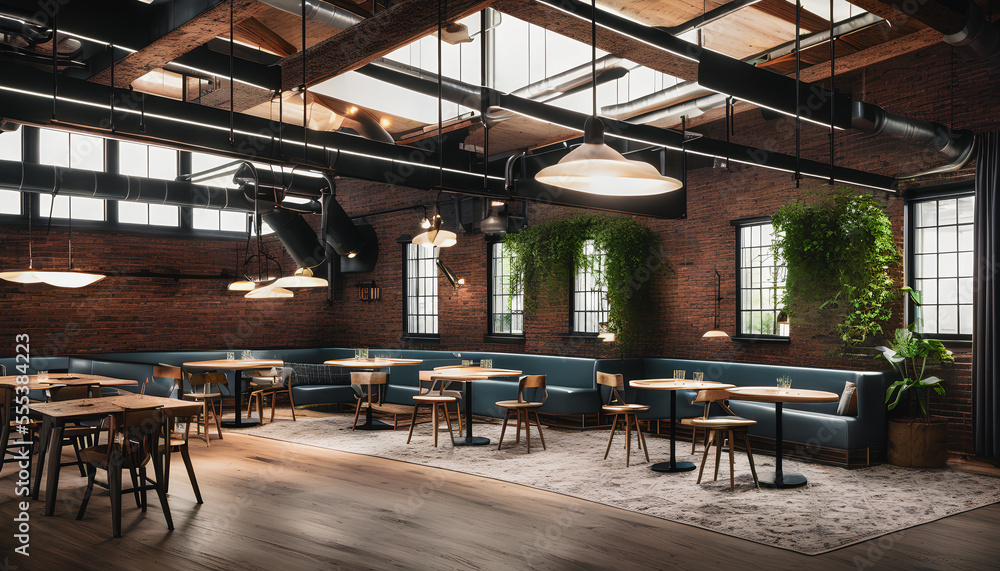 Restaurant located in a loft space. The high ceilings and industrial ...