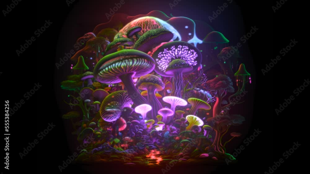 Magic Mushrooms in a wobbly trippy trance like state. Psychedelics trip concept in neon glowing colors