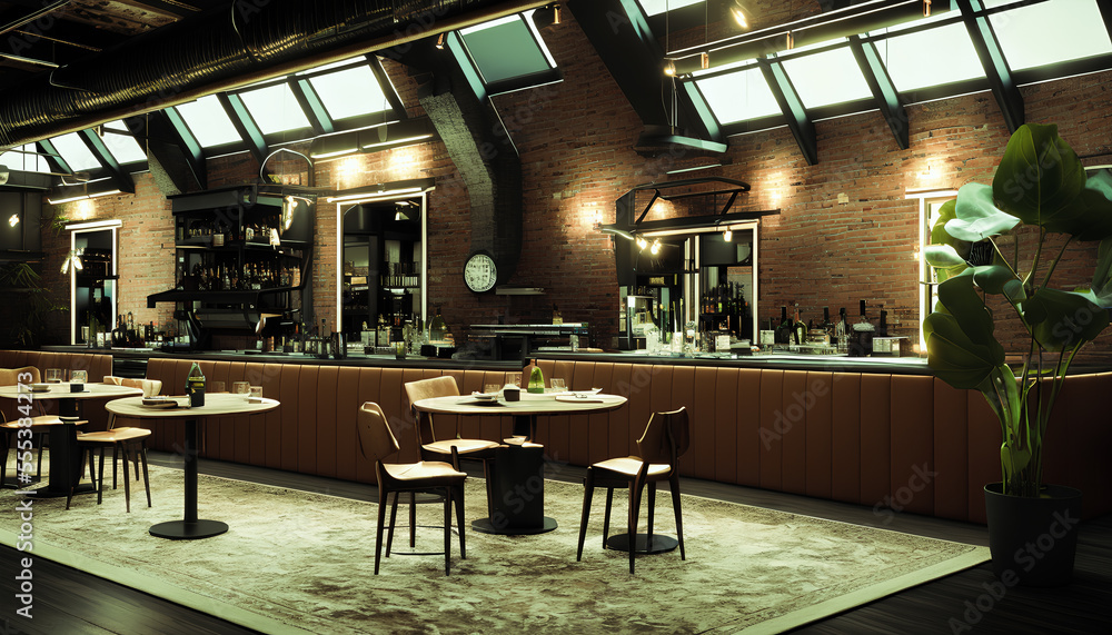 Restaurant located in a loft space. The high ceilings and industrial-style architecture give the space a modern, trendy vibe. The restaurant is filled with tables and chairs