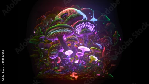 Magic Mushrooms in a wobbly trippy trance like state. Psychedelics trip concept in neon glowing colors photo