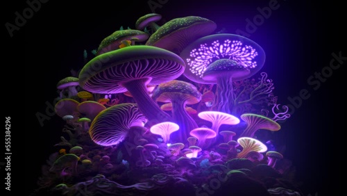 Taking a psychedelic trip whilst taking magic mushrooms. A neon mushroom forest in a drug infused experience photo