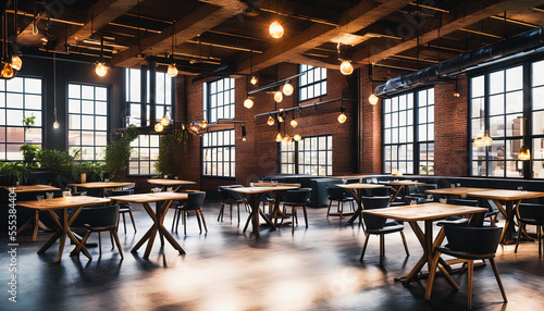 Restaurant located in a loft space. The high ceilings and industrial-style architecture give the space a modern, trendy vibe. The restaurant is filled with tables and chairs