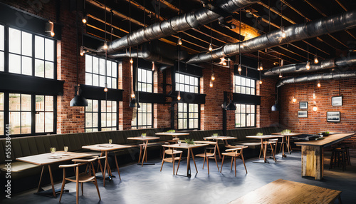 Restaurant located in a loft space. The high ceilings and industrial-style architecture give the space a modern, trendy vibe. The restaurant is filled with tables and chairs © 4K_Heaven