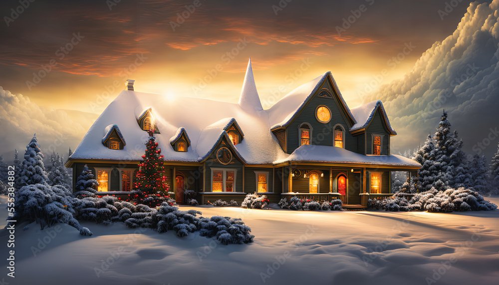 House in a wintery setting, with a Christmas tree in the background. The house is surrounded by a blanket of snow, Generative AI