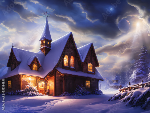 House in a wintery setting, with a Christmas tree in the background. The house is surrounded by a blanket of snow, Generative AI © 4K_Heaven