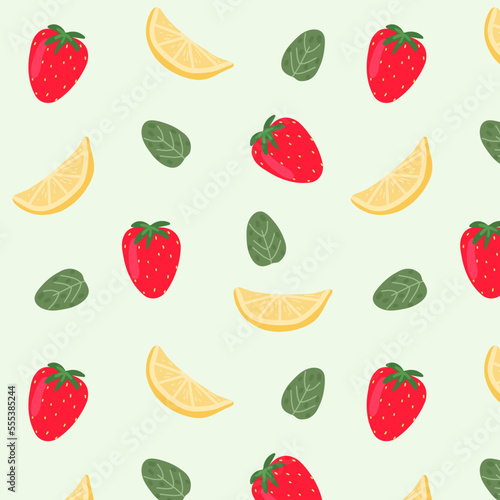 Fototapeta Naklejka Na Ścianę i Meble -  Strawberry and lemon pattern. Vector seamless fruit pattern for textiles, wallpapers, fabrics, wrapping paper, scrapbook.