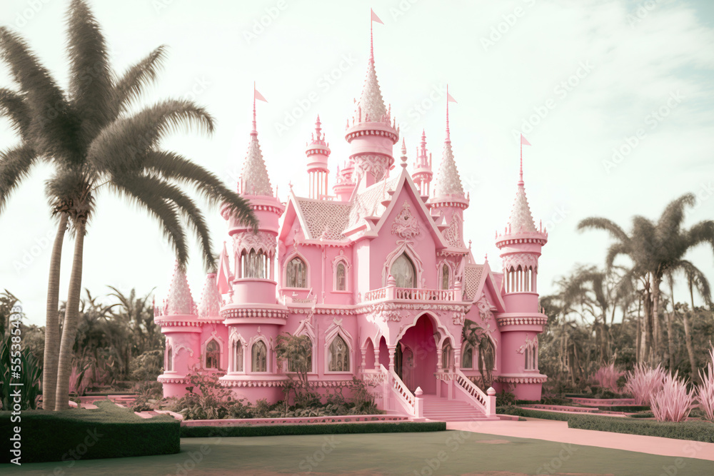 pink castle in spring,princess castle in the park,fairy tale castle