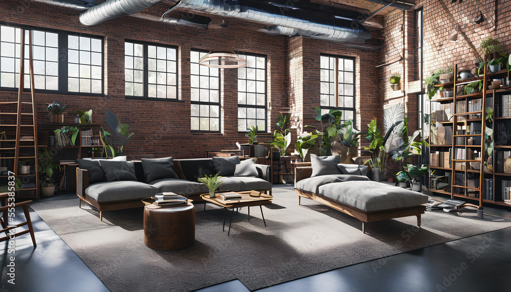 Naklejka premium Library located in a loft space. The high ceilings and industrial-style architecture give the space a modern, trendy vibe. The library is filled with shelves upon shelves of books, Generative AI