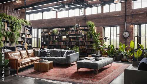 Library located in a loft space. The high ceilings and industrial-style architecture give the space a modern  trendy vibe. The library is filled with shelves upon shelves of books  Generative AI