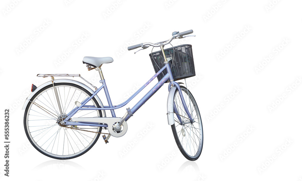 side view old purple and white bicycle on the white background, object, transport, vintage, template, fashion, copy space