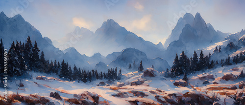 Painting of a beautiful wilderness mountain landscape, Generative AI