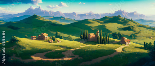 Beauty of a vineyard in Tuscany. Rolling hills covered in lush green grapevines stretch out as far as the eye can see, with the warm sunlight. Generative AI