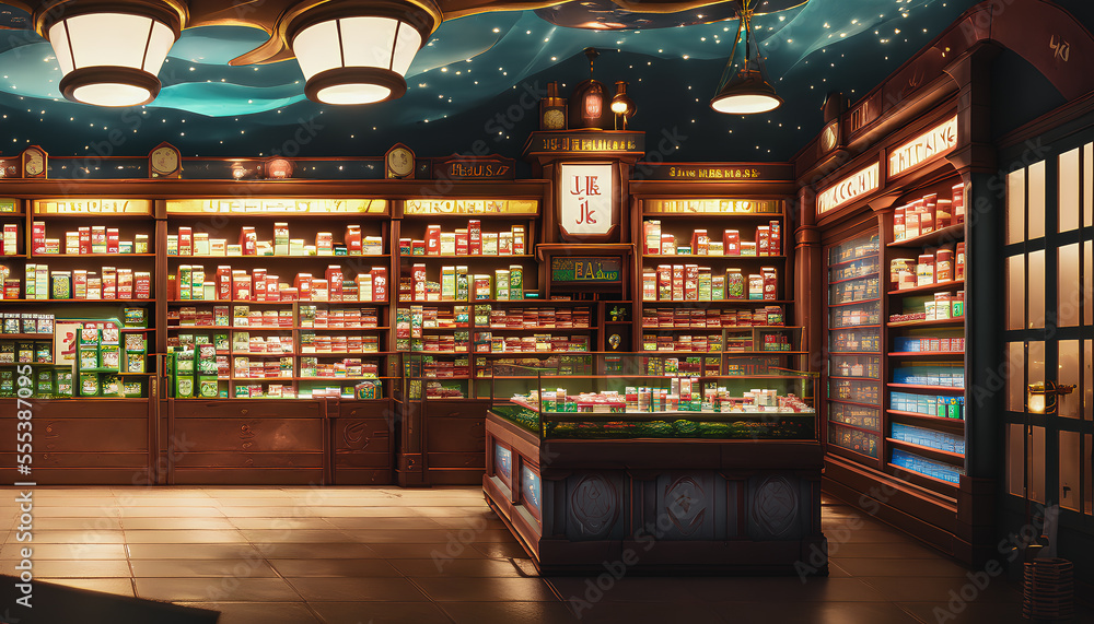 Magical pharmacy. The store is filled with an assortment of mysterious and exotic objects, including strange potions, herbs, and magical artifacts.. Generative AI