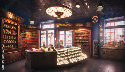 Magical pharmacy. The store is filled with an assortment of mysterious and exotic objects  including strange potions  herbs  and magical artifacts.. Generative AI
