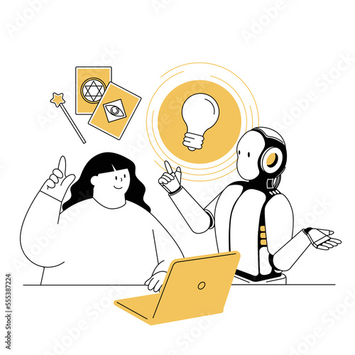 A vector illustration of a woman casting a spell and getting a hint from an AI.