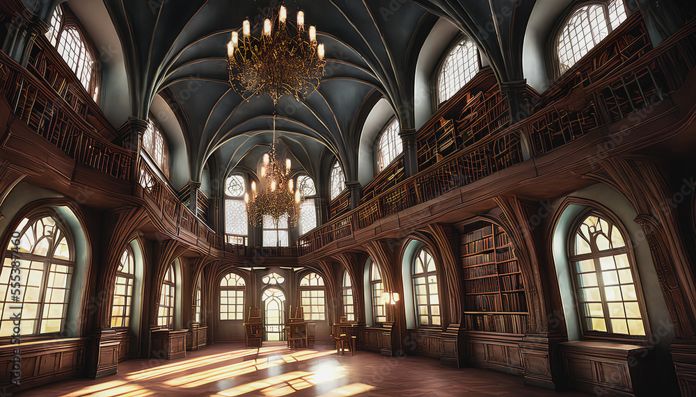 A Gothic library, featuring tall ceiling beams, is depicted in this painting. Keywords: Gothic, library, tall, ceiling, beams. Generative AI