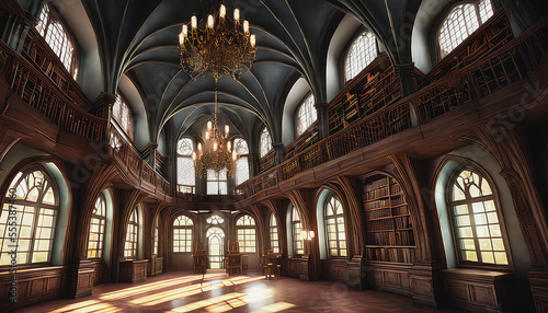 A Gothic library, featuring tall ceiling beams, is depicted in this painting. Keywords: Gothic, library, tall, ceiling, beams. Generative AI © 4K_Heaven