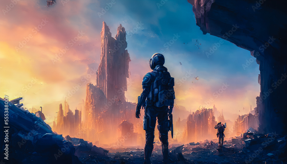 An astronaut exploring a new world on a distant planet, depicted in vivid colors and a sense of adventure and discovery. Generative AI An astronaut exploring a new world on a distant planet, depicted in vivid colors and a sense of adventure and discovery. Generative AI