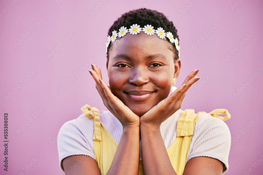 Black woman, flower crown and smile in portrait by pink background for ...