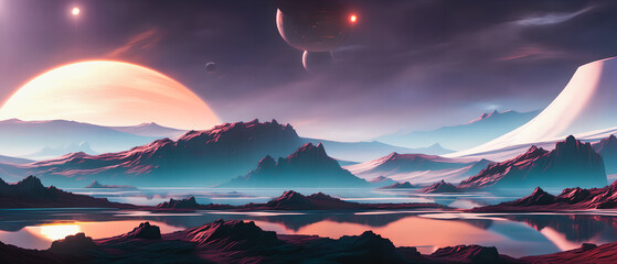 Leinwandbilder Lavendelfarbene Motive A surreal, futuristic landscape featuring otherworldly, alien terrain and a sense of mystery and the unknown.. Generative AI  © 4K_Heaven