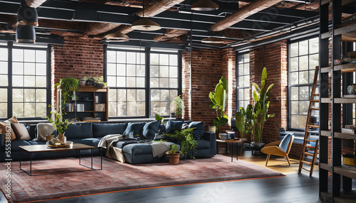 A detailed depiction of a stylish loft living room, featuring modern decor and a spacious, open layout. Generative AI